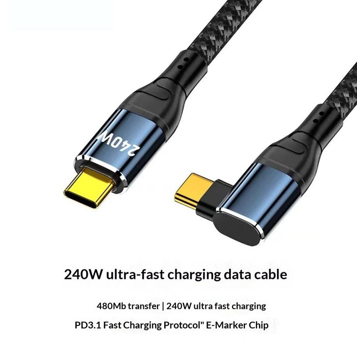 D24115  1.5m Side Right-Angle USB-C to USB-C Cable 240W PD 3.1 Fast Charging E-Marker Chip Data Cord for Laptop - Black - 2