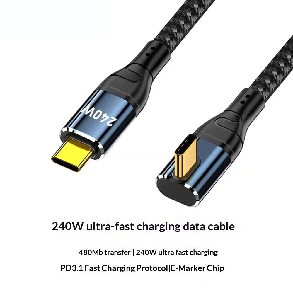 D24210 1m Center Right Angle USB-C to USB-C Cable PD 240W Fast Charging Data Cord for Laptop - Black - 2