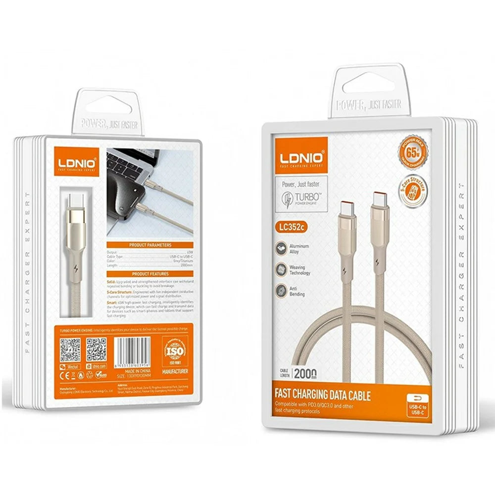 LDNIO LC352C 2m USB-C to USB-C Braided Cable 65W PD Fast Charging Data Cable with Reinforced Metal Connector for Laptop Phone - Black - 4