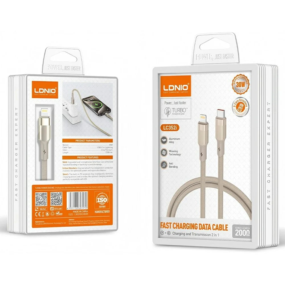 LDNIO LC352i 2m USB-C to iP (5-14) Braided Cable 30W PD Fast Charging Data Cable with Reinforced Metal Connector for iPhone iPad - Black - 5