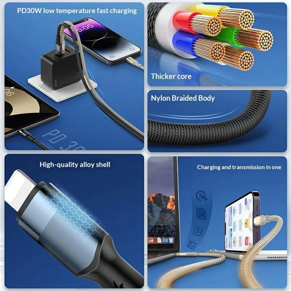 LDNIO LC351i 1m USB-C to iP (5-14) Braided Cable 30W Fast Charging Data Cable with Reinforced Metal Connector for iPhone - Titanium Gold - 3