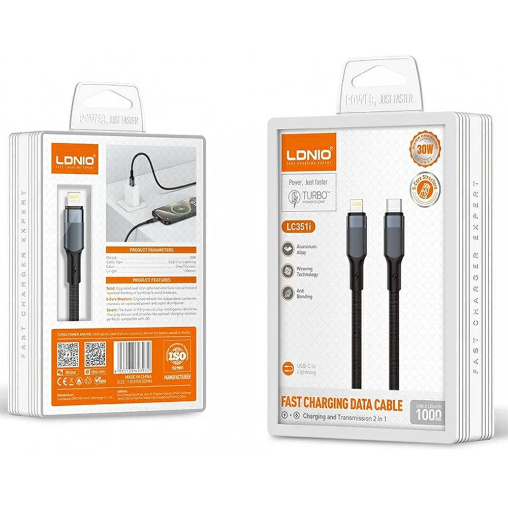 LDNIO LC351i 1m USB-C to iP (5-14) Braided Cable 30W Fast Charging Data Cable with Reinforced Metal Connector for iPhone - Titanium Gold - 4
