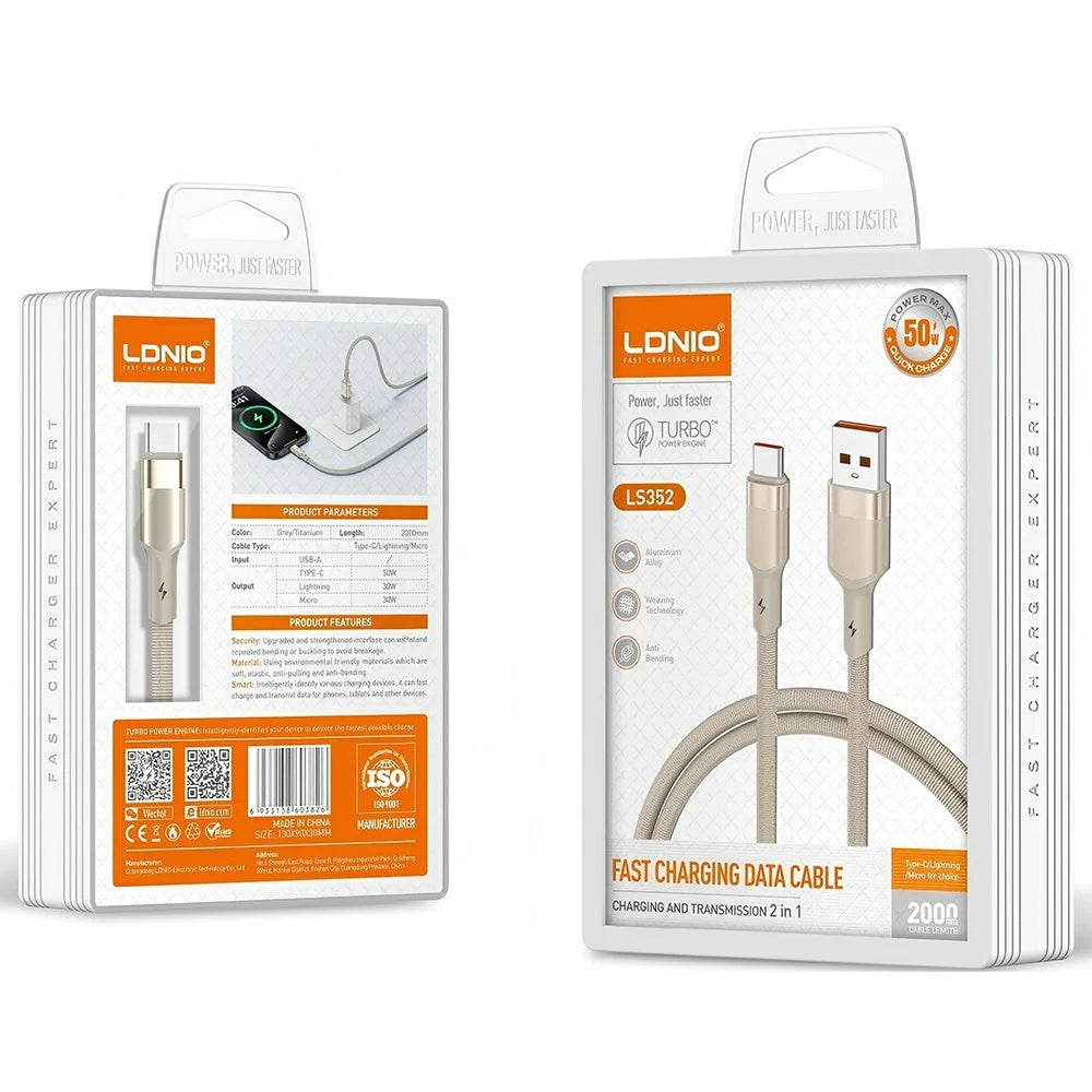 LDNIO LS352-L 2m USB-A to iP (5-14) Cable 50W Fast Charging Braided Date Cord with Reinforced Metal Connector for iPhone iPad - Titanium Gold - 5