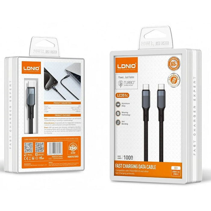 LDNIO LC351c 1m USB-C to USB-C Braided Cable 65W Fast Charging Data Cable with Reinforced Metal Connector - Titanium Gold - 5