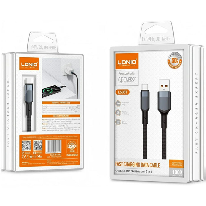 LDNIO LS351-C 1m USB-A to Type-C Cable 50W Fast Charging Reinforced Metal Connector Braided Date Cable - Black - 4