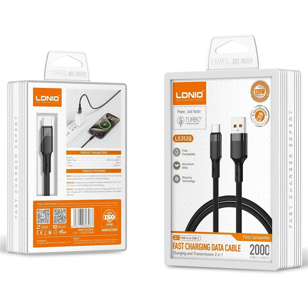 LDNIO LS352Q 2m USB-A to Type-C Cable 120W Fast Charging Braided Data Cable for iPhone Android - Black - 6