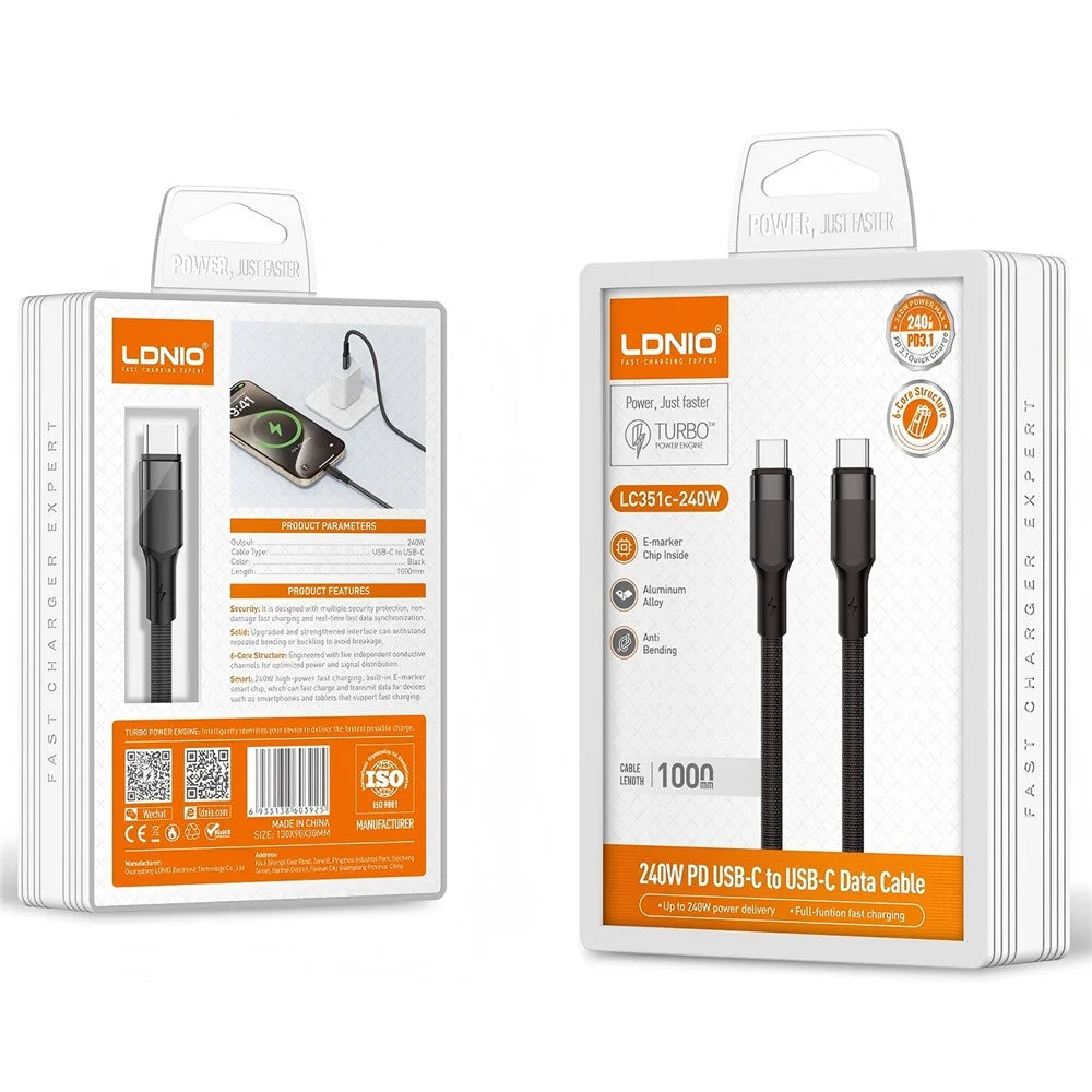 LDNIO LC351c 1m USB-C to USB-C Cable 240W PD Fast Charging Braided Data Cable for Laptop Phone - Black - 6