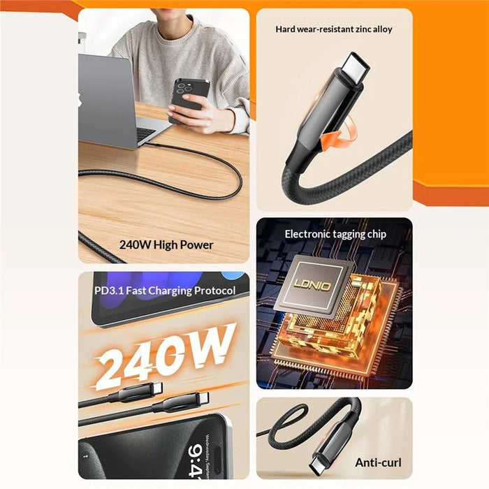 LDNIO LC921c-240W 2m USB-C to USB-C Cable 240W PD3.1 Fast Charging Braided Data Cable for Laptop Phone - Black - 3