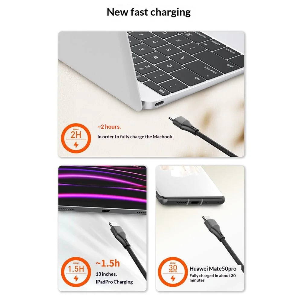 LDNIO LC631c-100W 1m USB-C to USB-C Cable 100W PD Fast Charging Braided Data Cable for Laptop Phone - Grey - Black - 6