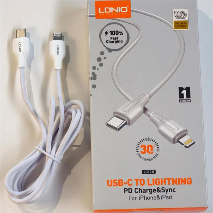 LDNIO LC121-I 1m USB-C to iP (5-14) Cable 30W PD  /  QC Fast Charging Data Cable for iPhone iPad - White - 7