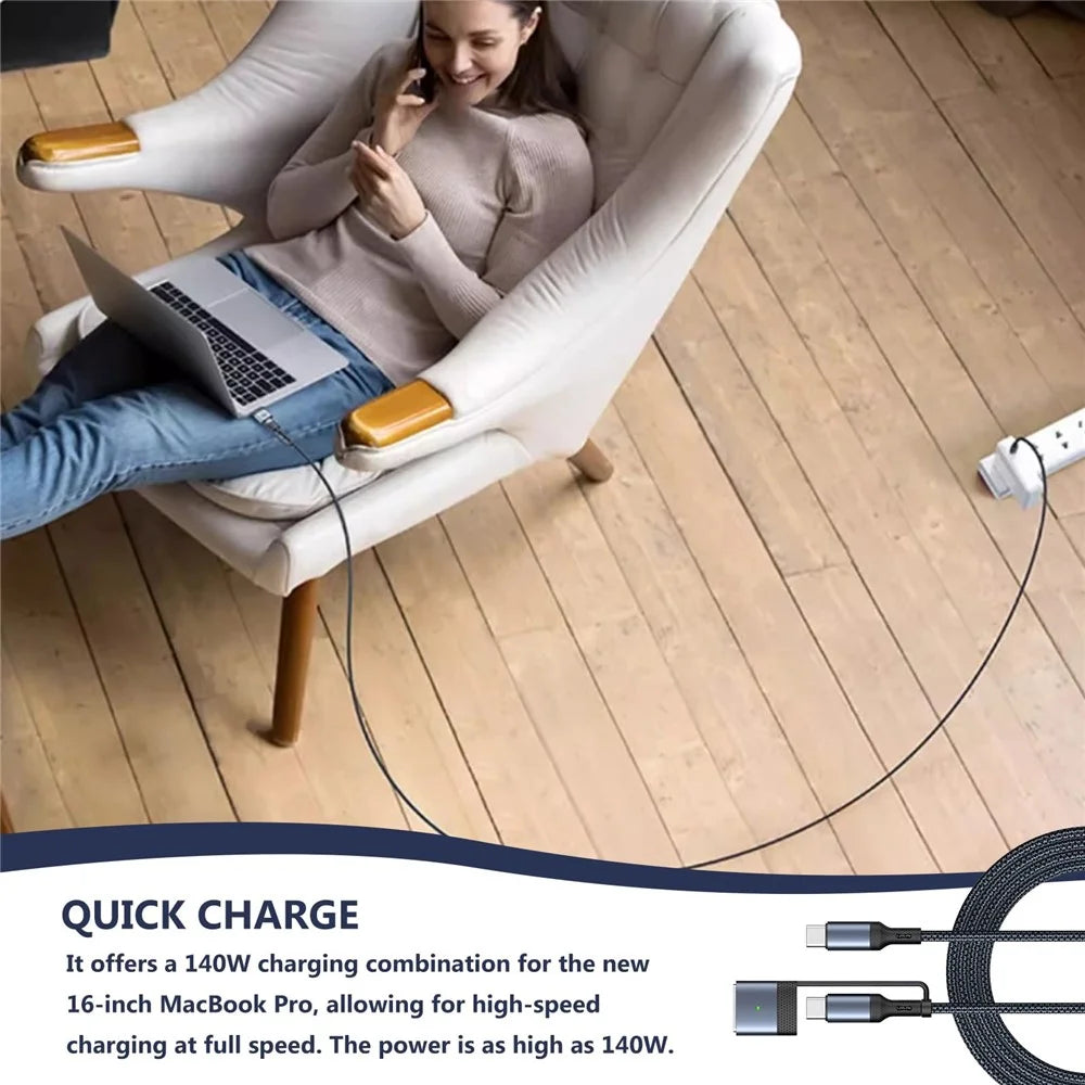 140W  /  240W 3-in-1 USB-C to USB-C + Compatible with MagSafe 3 Cable Magnetic Braided Charging Cable for MacBook Air (2022) M2  /  MacBook Pro 14 (2021)  /  (2023)  /  Pro 16 (2021)  /  (2023) - Blue - 4