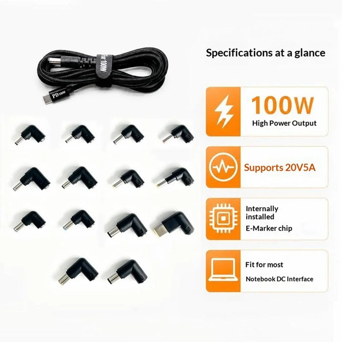 100W PD Fast Charging Cable Kit USB-C to DC Adapter Cable with 14Pcs DC Adapters for Laptop - 6