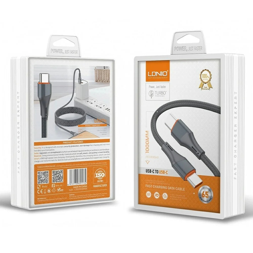 LDNIO LC631C 1m 65W USB-C to USB-C Fast Charging Cable TPE Braided Cord for iPhone 15 Series Android Tablets Laptops - Grey - 5