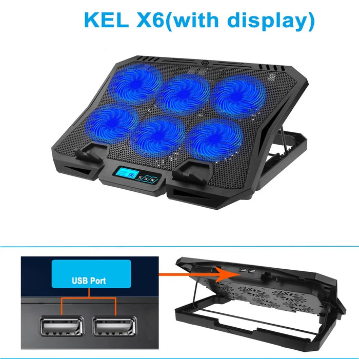 X6A 7-Gear Height Laptop Cooling Pad 6-Fan Radiator Notebook Cooler Stand with Display Screen - Blue Light - 2