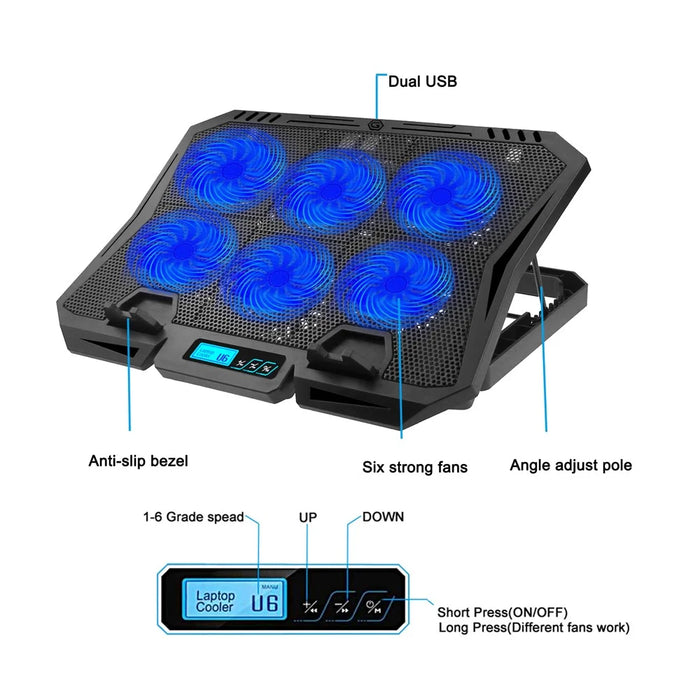 X6A 7-Gear Height Laptop Cooling Pad 6-Fan Radiator Notebook Cooler Stand with Display Screen - Blue Light - 3