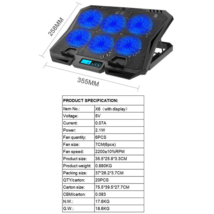 X6A 7-Gear Height Laptop Cooling Pad 6-Fan Radiator Notebook Cooler Stand with Display Screen - Blue Light - 4