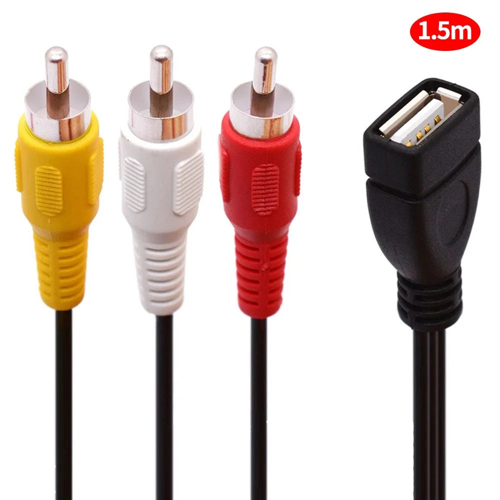 JUNSUNMAY 1.5m USB to 3 RCA Female to Male Splitter Cable Audio Video AV Composite Adapter Cord - 3