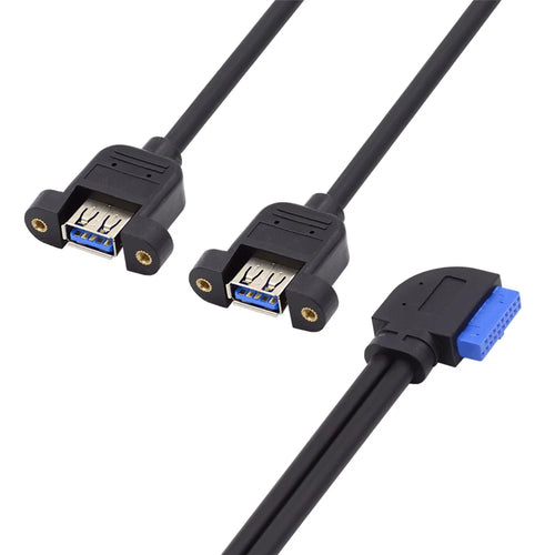 U3-088-RI Right 90 Degree Angled 19Pin 20Pin Male to Dual USB 3.0 Female Cable 5Gbps Screw Mount Type Extension Cord - 1