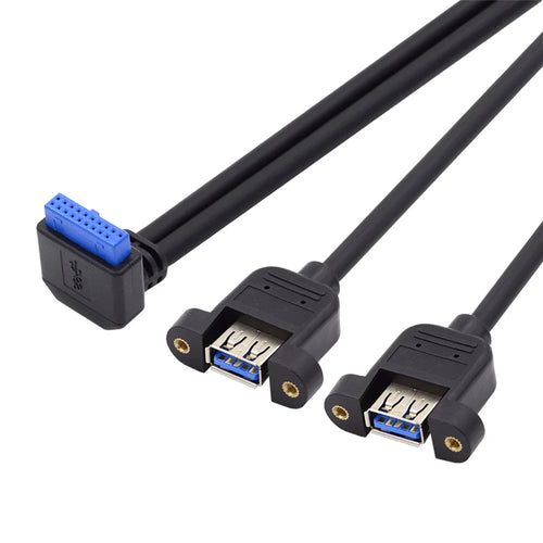U3-088-DN Down 90 Degree Angled 19Pin 20Pin Male to USB 3.0 Dual Ports Female Cable Screw Mount Type 5Gbps Cord - 1