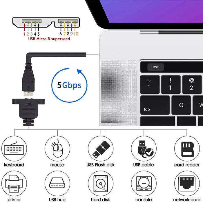 U3-083-AF 50cm Type-A USB 3.0 Female to Micro 3.0 Type-B Female Screw Mount Type 5Gbps Extension Cable - 6