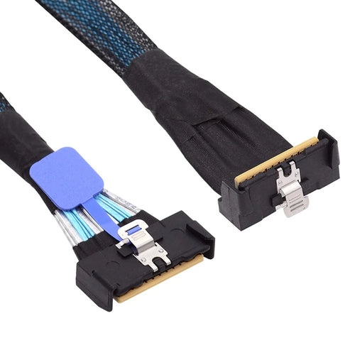 SF-063-UP 35cm PCI-E 5.0 Mini Cool Edge IO MCIO Angled PCI-E Slimline SAS 8i 74Pin Male to MCIO 74Pin Male Extender Cable - 1