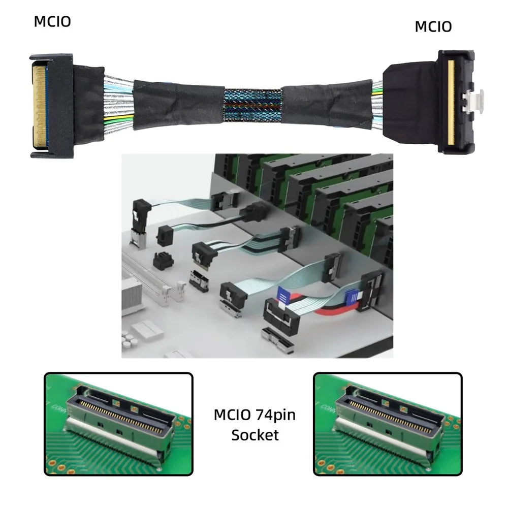 SF-063-UP 35cm PCI-E 5.0 Mini Cool Edge IO MCIO Angled PCI-E Slimline SAS 8i 74Pin Male to MCIO 74Pin Male Extender Cable - 3