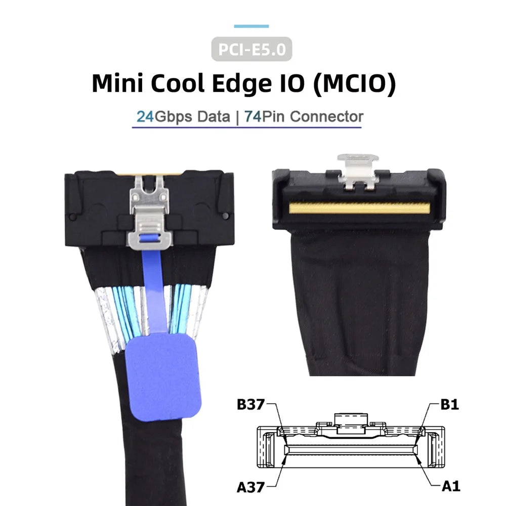 SF-063-UP 35cm PCI-E 5.0 Mini Cool Edge IO MCIO Angled PCI-E Slimline SAS 8i 74Pin Male to MCIO 74Pin Male Extender Cable - 4