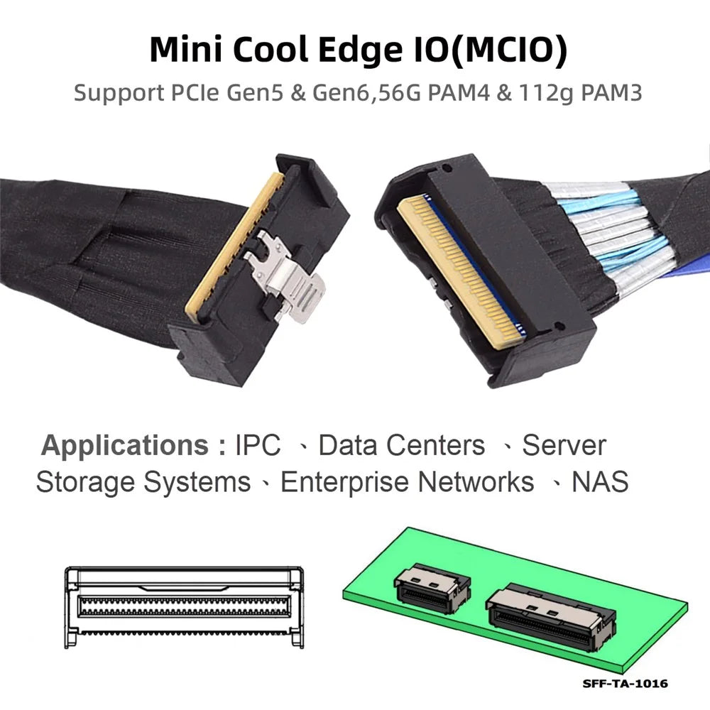SF-063-UP 35cm PCI-E 5.0 Mini Cool Edge IO MCIO Angled PCI-E Slimline SAS 8i 74Pin Male to MCIO 74Pin Male Extender Cable - 6