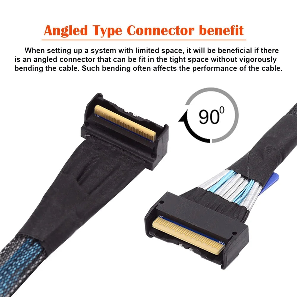 SF-063-UP 35cm PCI-E 5.0 Mini Cool Edge IO MCIO Angled PCI-E Slimline SAS 8i 74Pin Male to MCIO 74Pin Male Extender Cable - 7