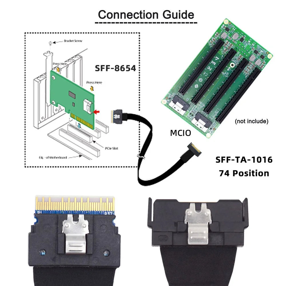 SF-075-BK 50cm PCI-E 5.0 Mini Cool Edge IO MCIO PCI-E Slimline 8i 74Pin Male to SFF-8654 SAS 4.0 74Pin Male Extender Cable - 3
