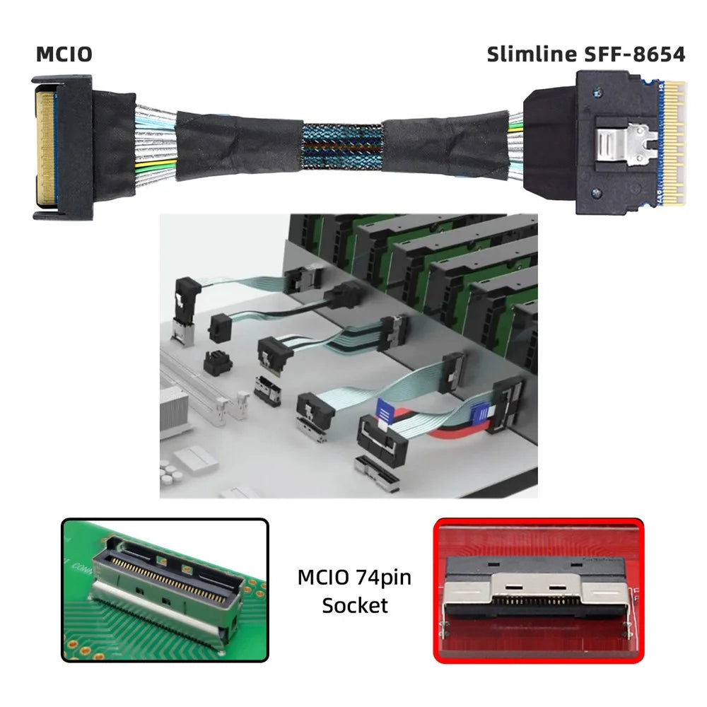 SF-075-BK 50cm PCI-E 5.0 Mini Cool Edge IO MCIO PCI-E Slimline 8i 74Pin Male to SFF-8654 SAS 4.0 74Pin Male Extender Cable - 4