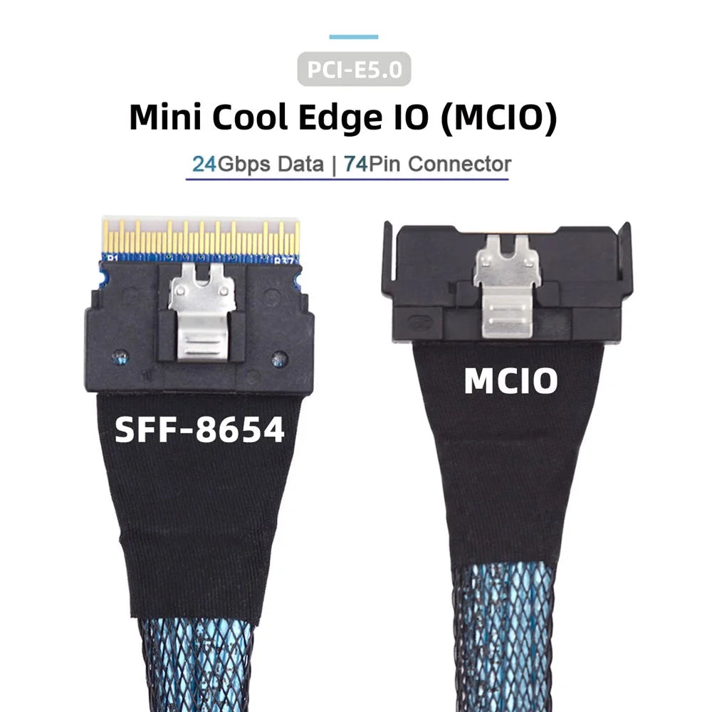 SF-075-BK 50cm PCI-E 5.0 Mini Cool Edge IO MCIO PCI-E Slimline 8i 74Pin Male to SFF-8654 SAS 4.0 74Pin Male Extender Cable - 5
