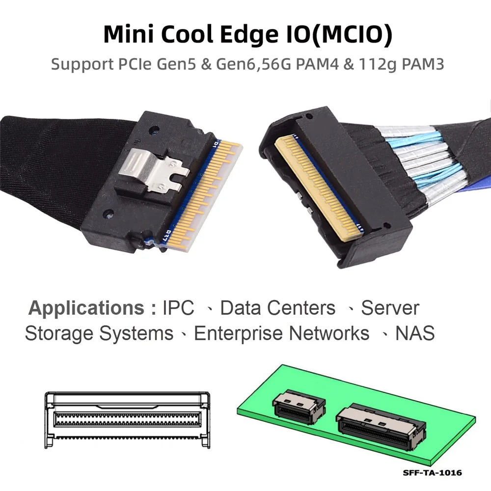 SF-075-BK 50cm PCI-E 5.0 Mini Cool Edge IO MCIO PCI-E Slimline 8i 74Pin Male to SFF-8654 SAS 4.0 74Pin Male Extender Cable - 6
