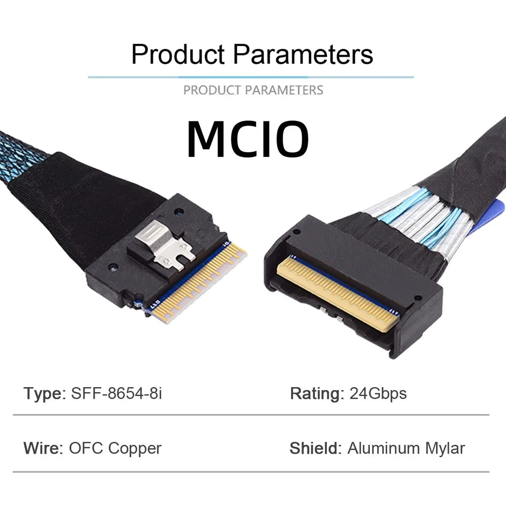 SF-075-BK 50cm PCI-E 5.0 Mini Cool Edge IO MCIO PCI-E Slimline 8i 74Pin Male to SFF-8654 SAS 4.0 74Pin Male Extender Cable - 7