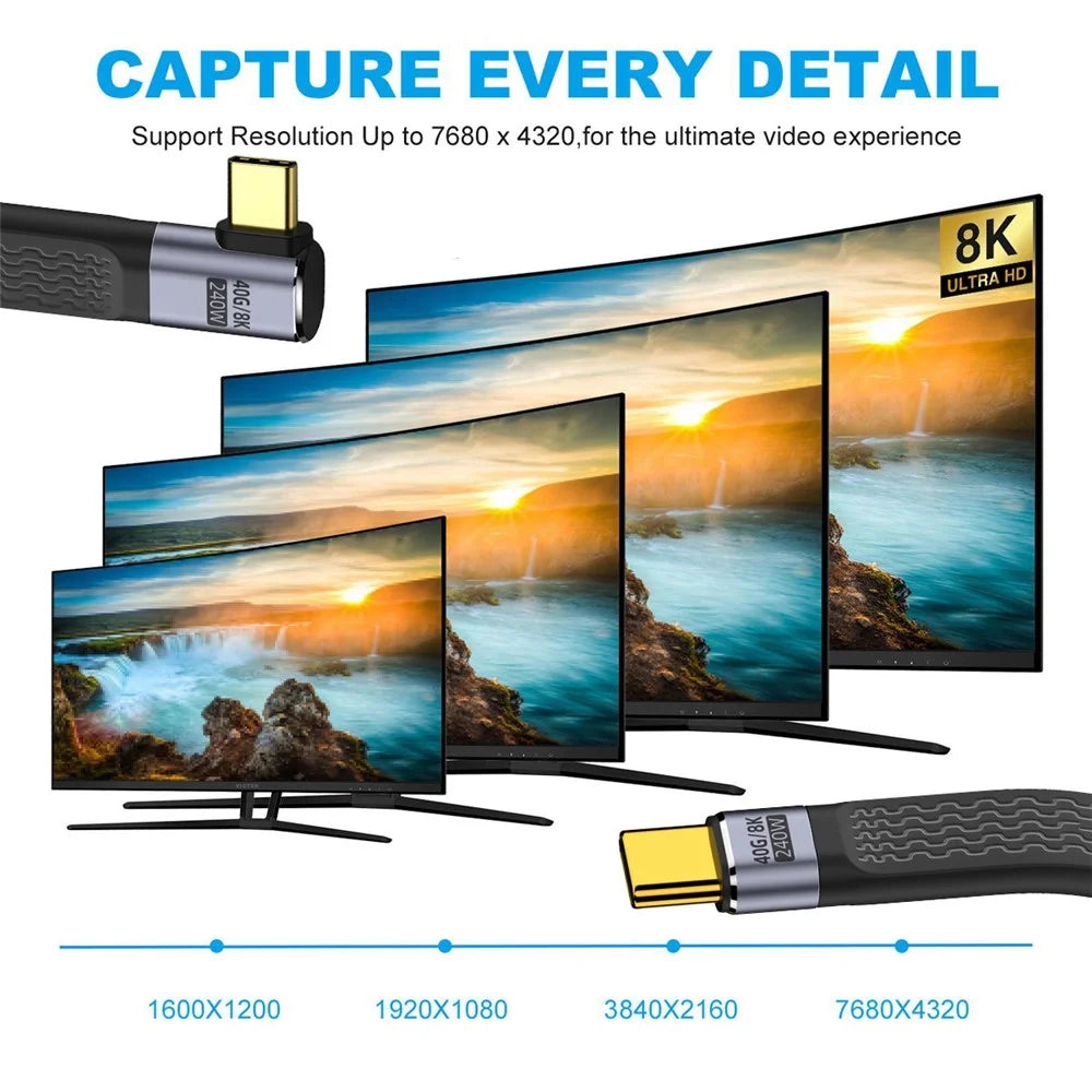 UC-002-0.13R 13cm Right Angled 240W Type-C Male to Male USB4 40Gbps 100W 8K Flat FPC Data Cable for Laptop Phone - 5