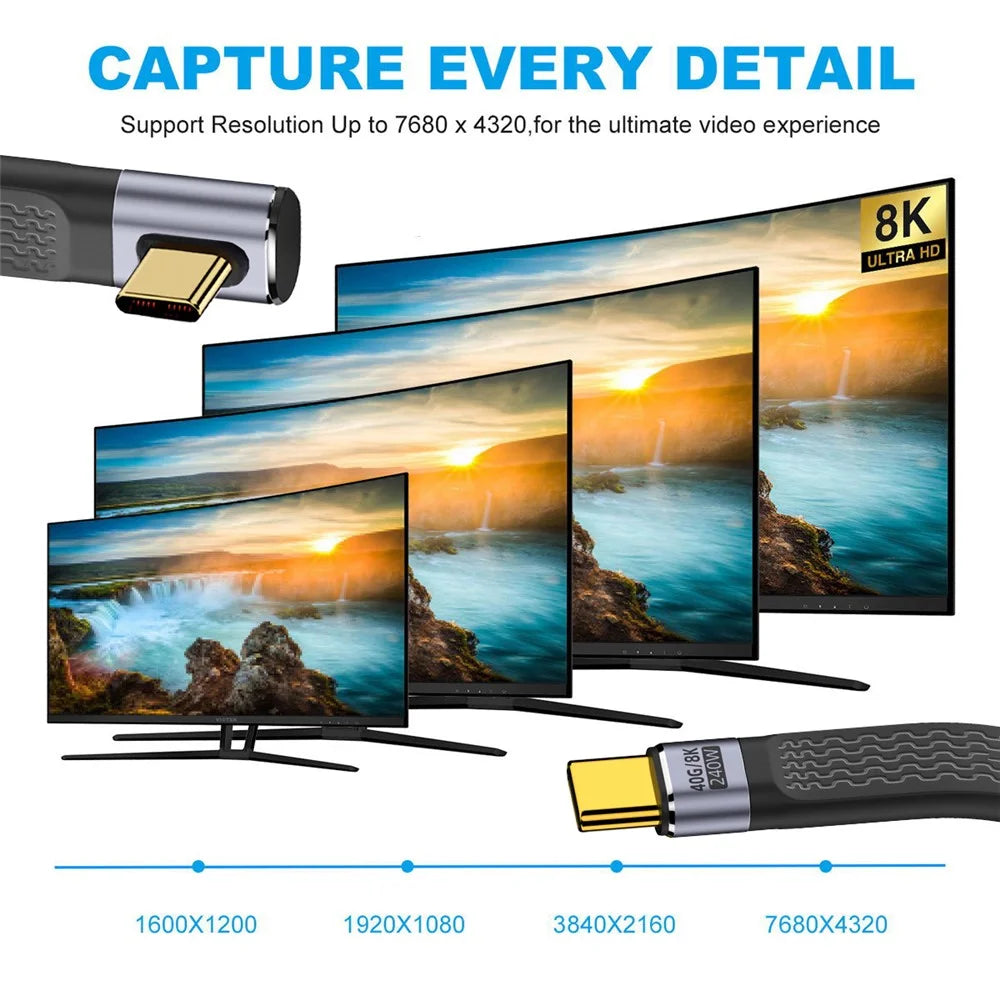 UC-002-0.13L 13cm Low Profile Angled 240W Type-C Male to Male USB4 40Gbps 100W 8K Flat FPC Data Cable for Laptop Phone - 5
