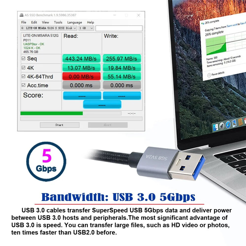 U3-075-MM 0.3m USB 3.0 Male to Micro 3.0 B Male Cable 5Gbps Data Transfer Converter for Disk SSD (Silver Shell) - 3