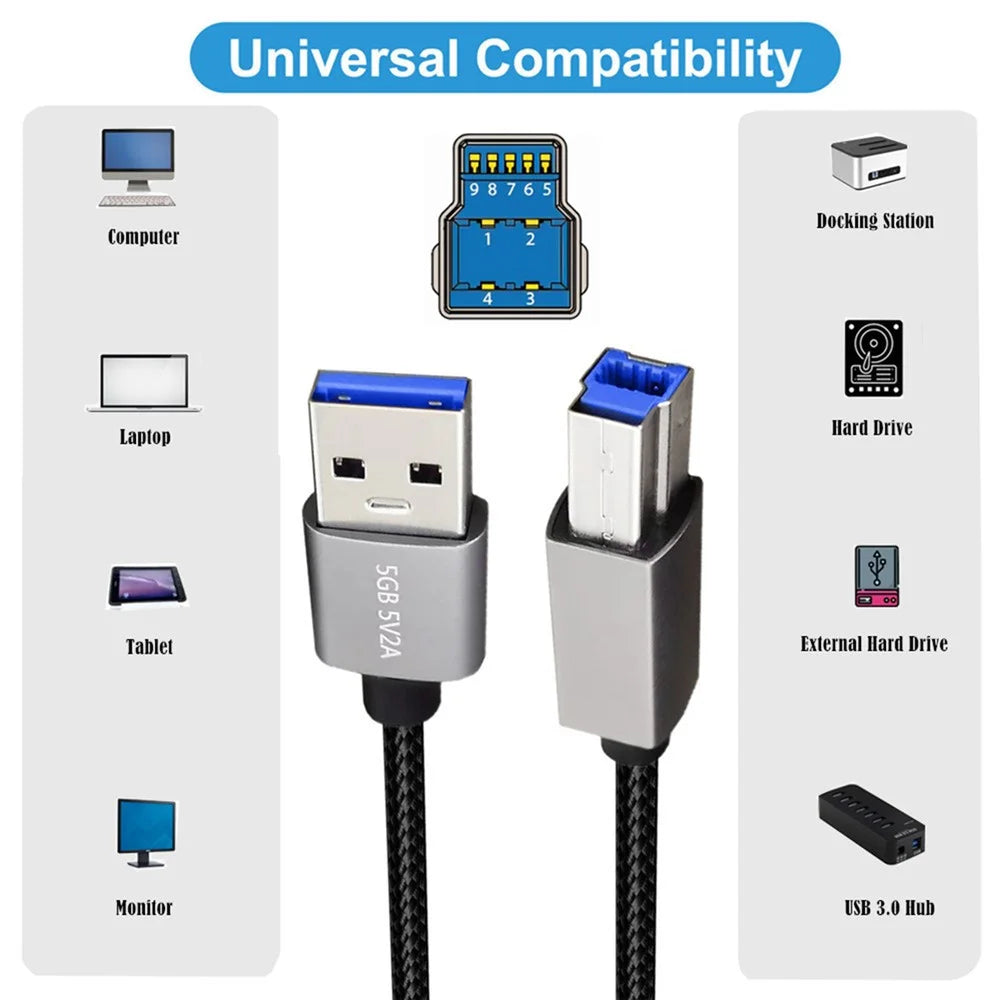 U3-075-BM 0.3m USB 3.0 Type-A Male to Standard 3.0 B Male Cable Silver Shell 5Gbps Data Transmission Adapter - 6