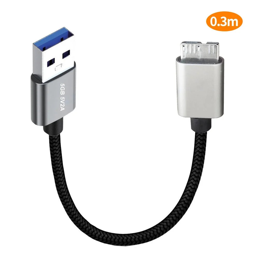 JUNSUNMAY 0.3m USB-A 3.0 Male to Micro-B Male Nylon Cord Hard Drive Camera Data Cable - 7