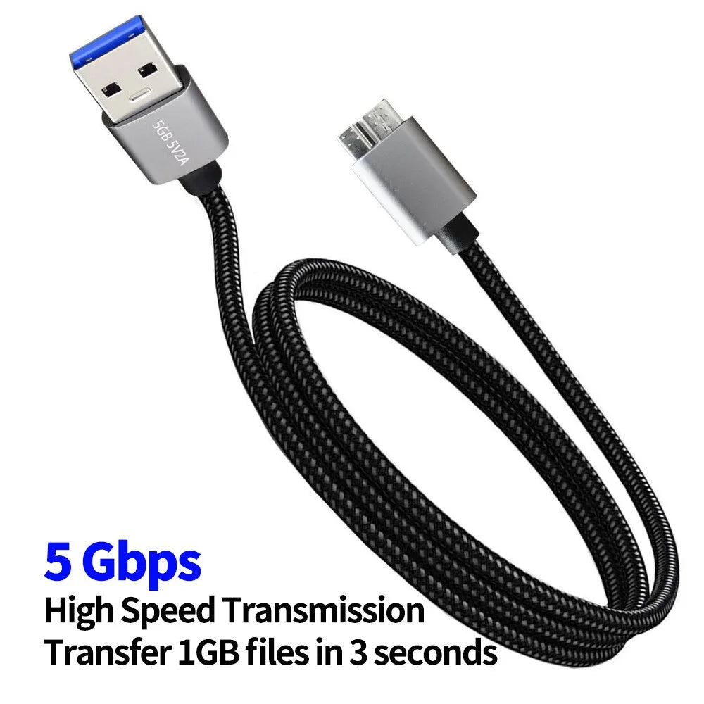 JUNSUNMAY 3m USB-A 3.0 Male to Micro-B Male Hard Drive Camera Data Cable Nylon Braided Cord - 4