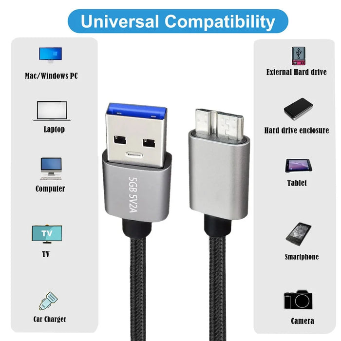 JUNSUNMAY 3m USB-A 3.0 Male to Micro-B Male Hard Drive Camera Data Cable Nylon Braided Cord - 5