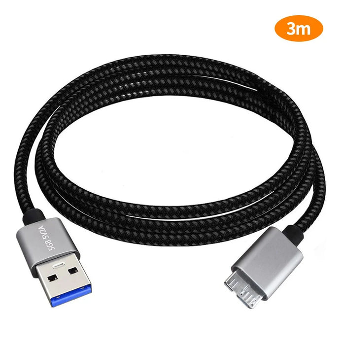 JUNSUNMAY 3m USB-A 3.0 Male to Micro-B Male Hard Drive Camera Data Cable Nylon Braided Cord - 7