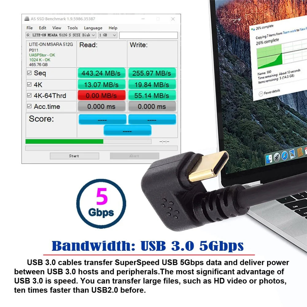 UC-101-DN 0.3m USB3.0 Type-A to USB-C Power Data Cable 90-degree Down Opposite U Shape Type - 3