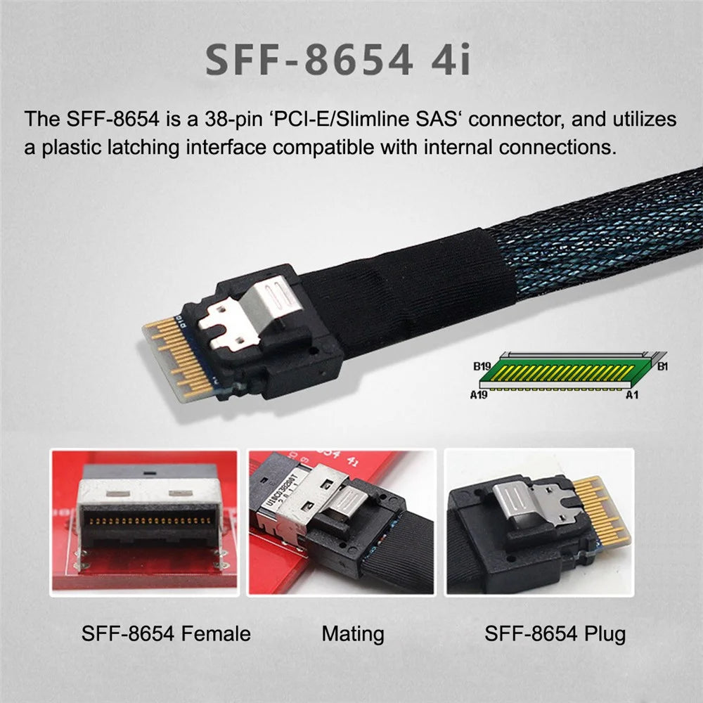 SF-078 50cm MCIO PCI-E 4i 38Pin Male to SFF-8654 Slimline 4X Adapter Cable Cord - 3