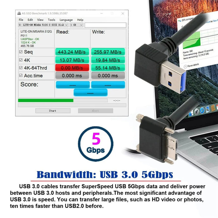U3-078-DN 90 Degree Down Angled USB 3.0 A Male to Micro-B 3.0 Plug Angled Locking Screw Panel Cable 25cm - 3