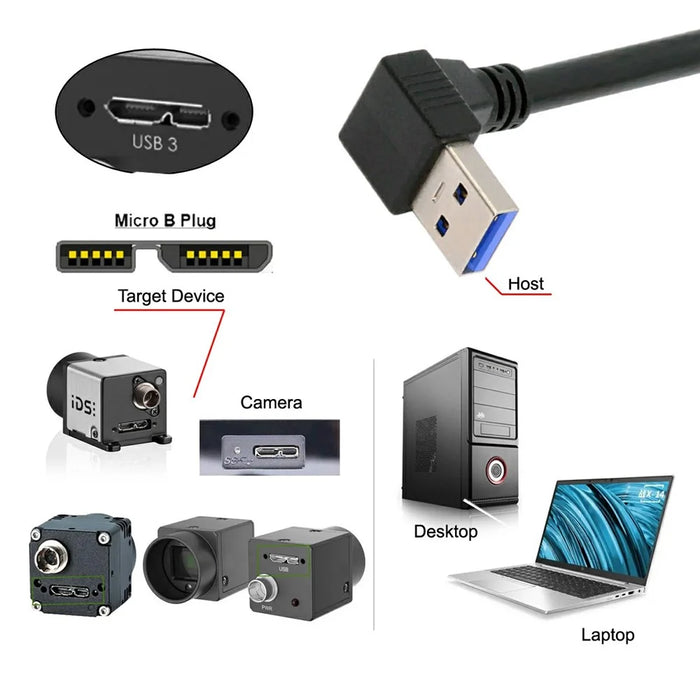 U3-078-DN 90 Degree Down Angled USB 3.0 A Male to Micro-B 3.0 Plug Angled Locking Screw Panel Cable 25cm - 6