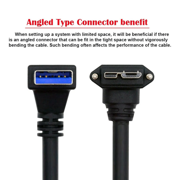 U3-078-DN 90 Degree Down Angled USB 3.0 A Male to Micro-B 3.0 Plug Angled Locking Screw Panel Cable 25cm - 7
