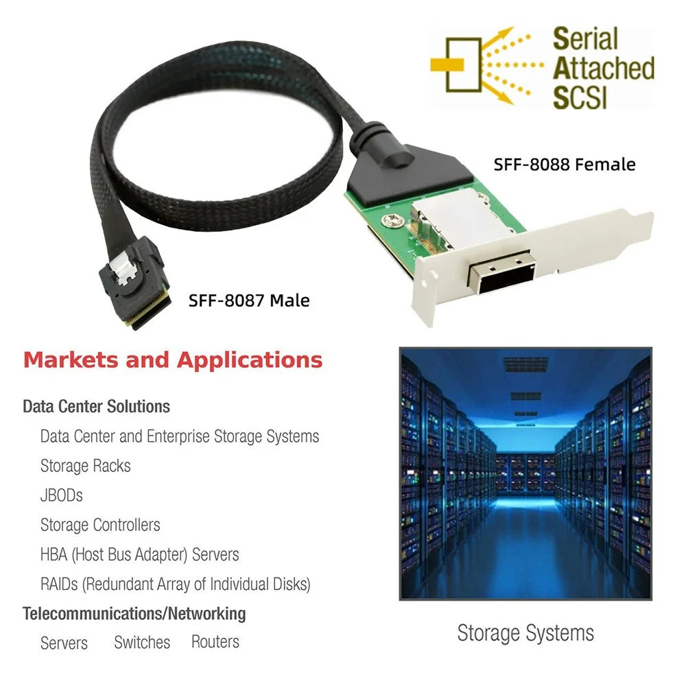 SF-083-36PIN Internal Mini SAS SFF-8087 Male to External SFF-8088 Female Extension Cable PCBA with Low Profile Bracket - 3