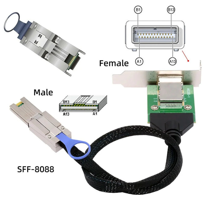 SF-083-26PIN 0.5m External Mini SAS SFF-8088 Male to Female Extension Cable - 6