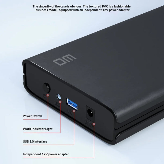 DM HD035 3.5 Inch USB3.0 SATA External Hard Drive Enclosure for HDD SSD up to 16TB - Black - 3